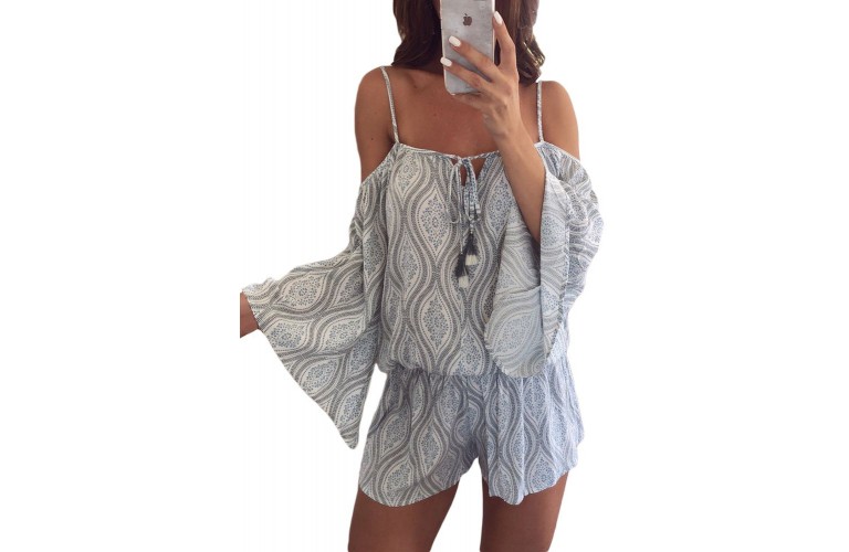 Tribal Print Cold Shoulder Tassels Casual Romper