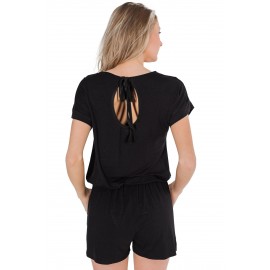 Black Casual Loose Short Sleeve Romper with Pockets