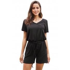 Black Casual Loose Short Sleeve Romper with Pockets