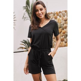 Black Casual Loose Short Sleeve Romper with Pockets