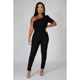 Black One Shoulder Short Sleeve Jumpsuit